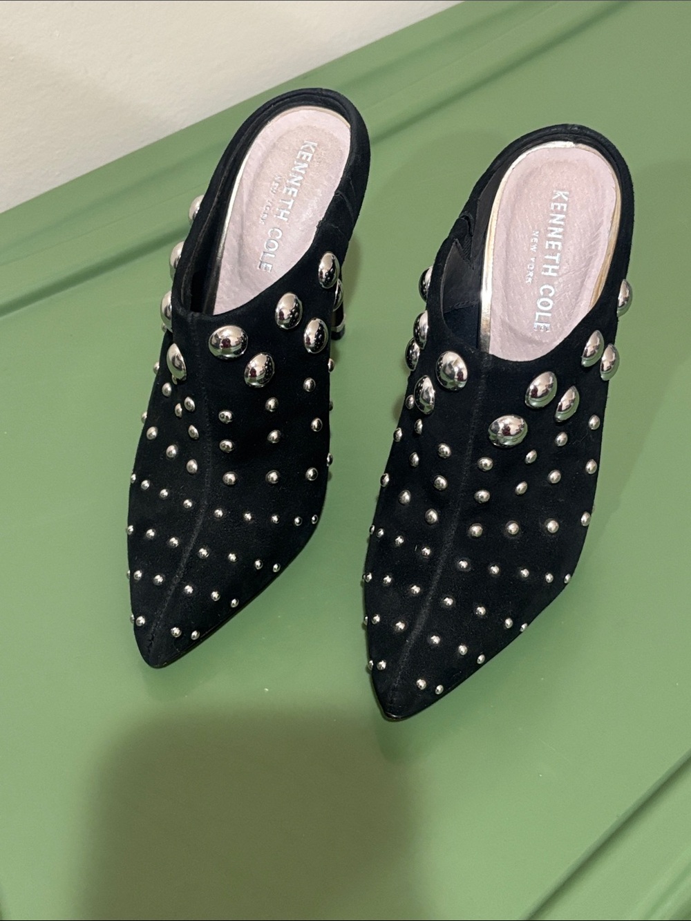 Kenneth Cole Black Pointed Studded Slip-On Mules